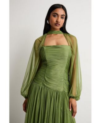 Women's Bow Detail Gathered Tulle Maxi Dress