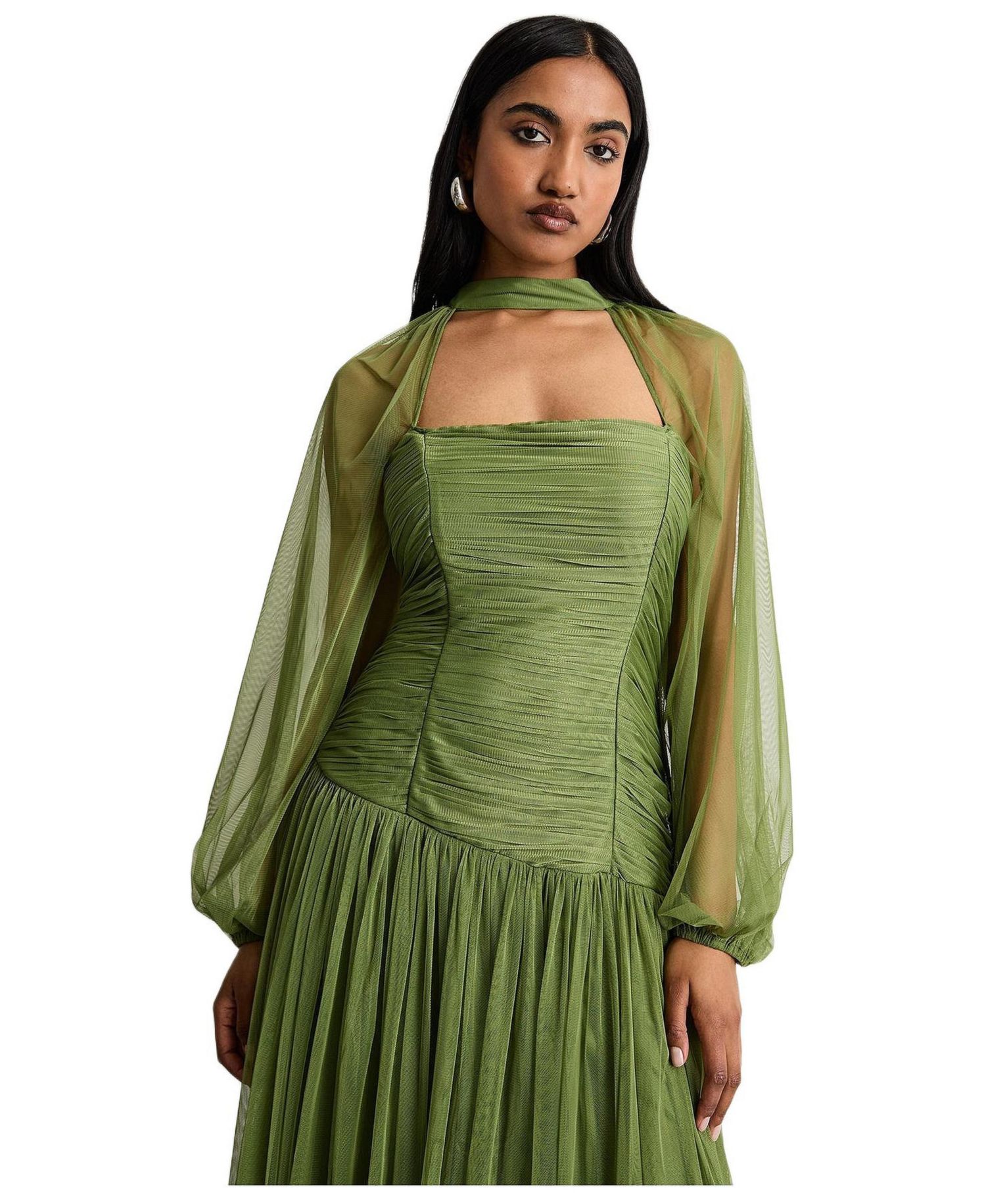 Women's Bow Detail Gathered Tulle Maxi Dress