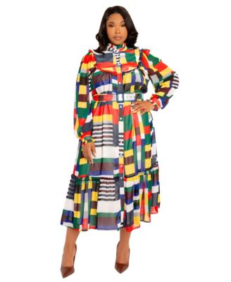 Plus Size Plaid Ruffle Collar Shirt Dress