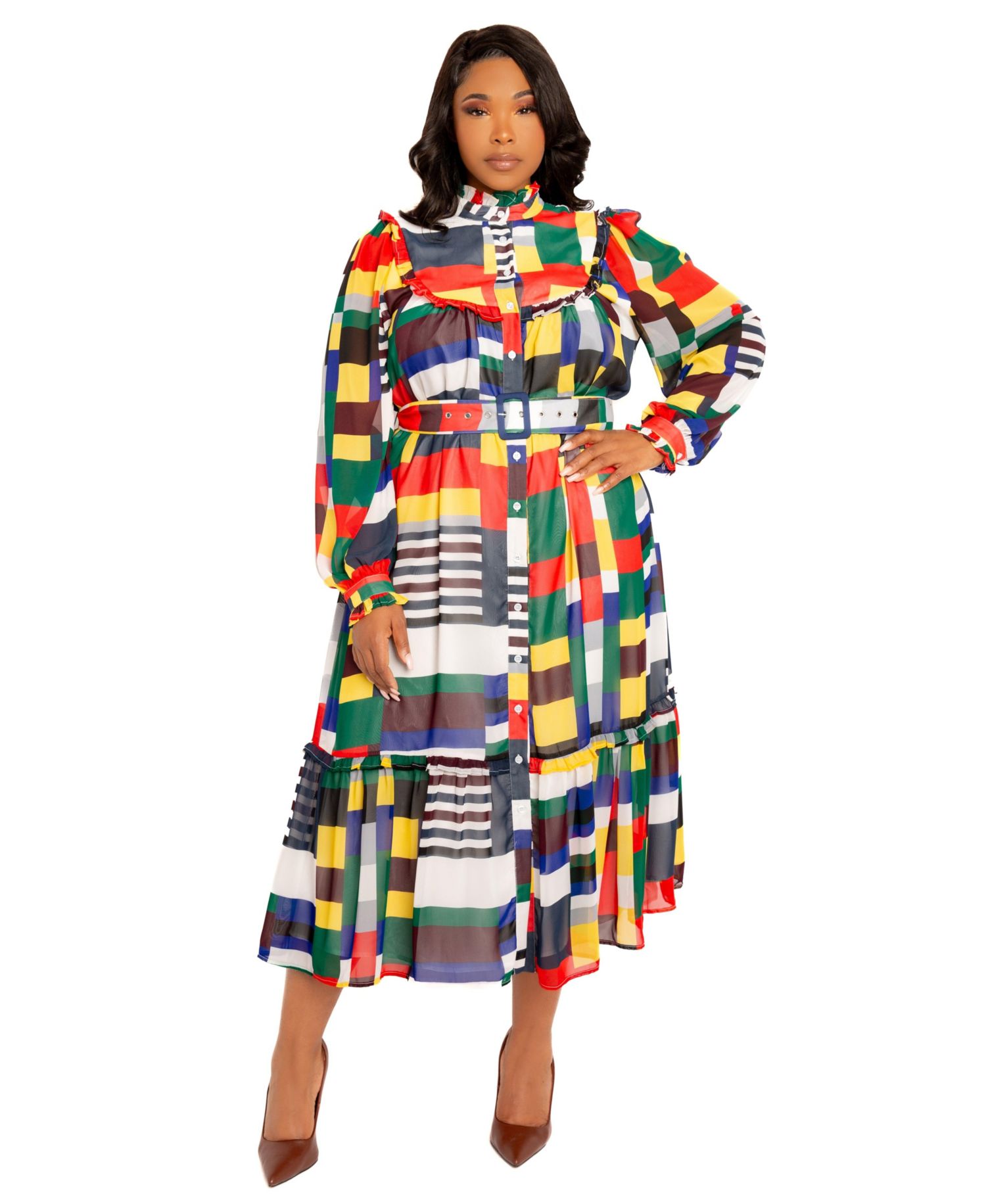 Plus Size Plaid Ruffle Collar Shirt Dress
