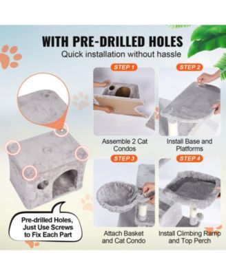 Light Grey Indoor Cat Tower, 68.5" with Condos, Scratching Posts, Hammocks & Ramp, Pet Furniture