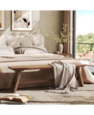 63 Inch Extra Long Solid Wood Entryway Bench, 2-Tier Farmhouse Shoe Storage Bench with Unique Herringbone Pattern