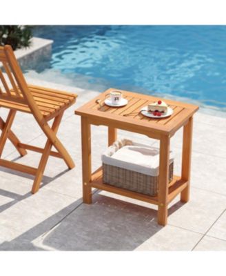 Acacia Wood Patio Side Table with Slatted Top and Storage Shelf