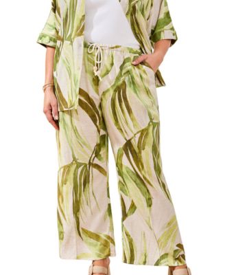 Plus Size Printed Linen Flare Pull-On Ankle Pants