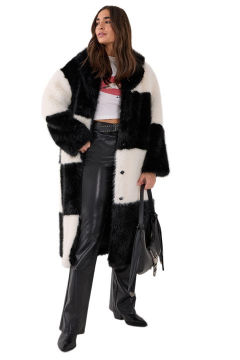 Женские куртки Nasty Gal Mono Check Faux Fur Coat
