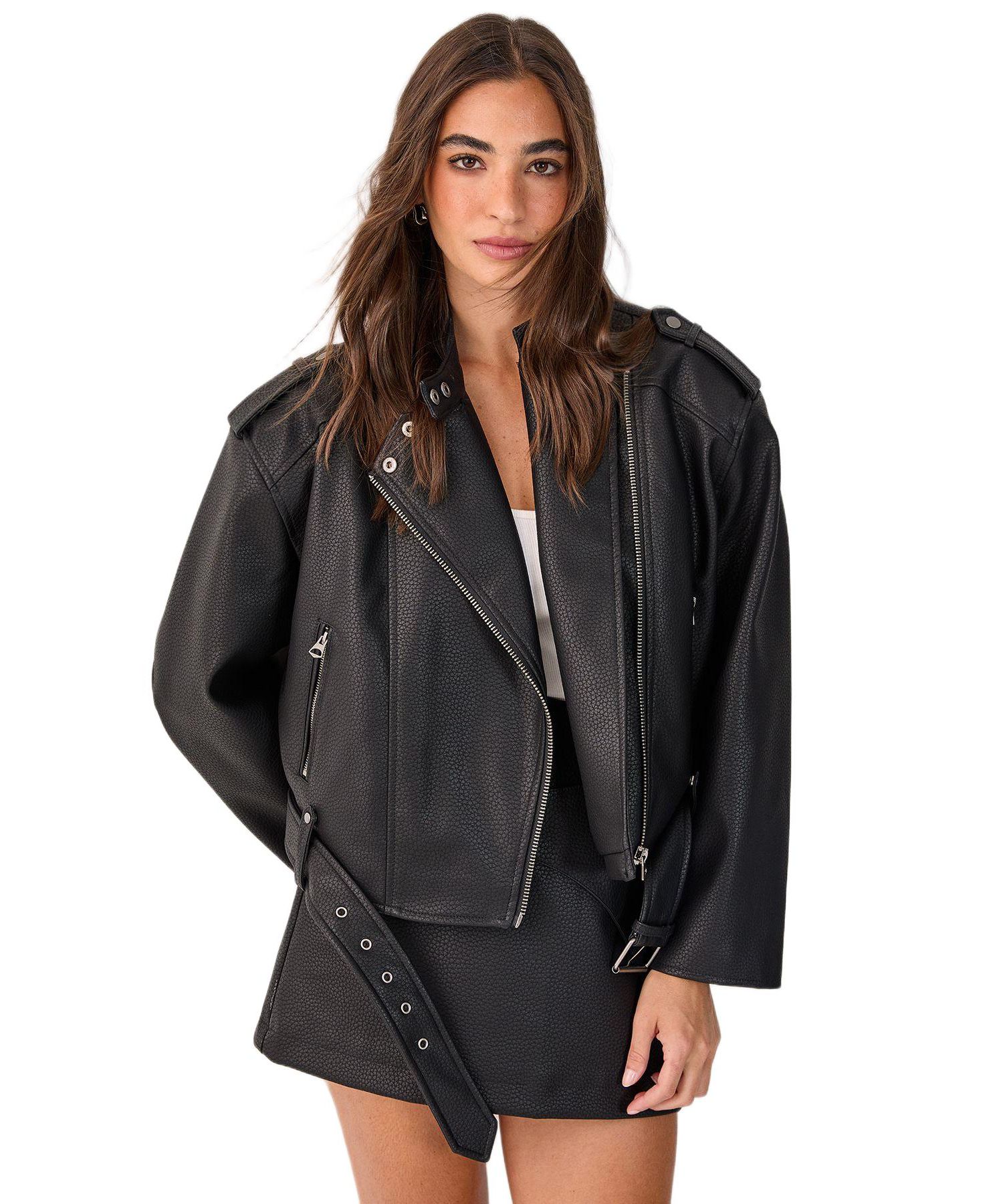 Women's Belted Faux Leather Biker Jacket