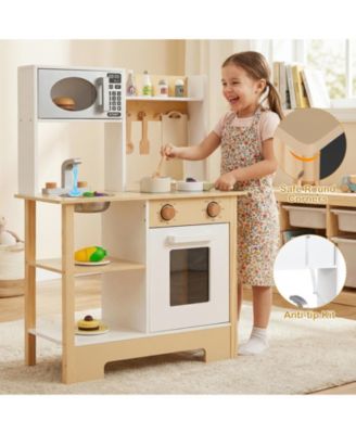 Play Kitchen Wooden Toy Playset with Chalkboard, Birthday Gift for Kids Ages 3+