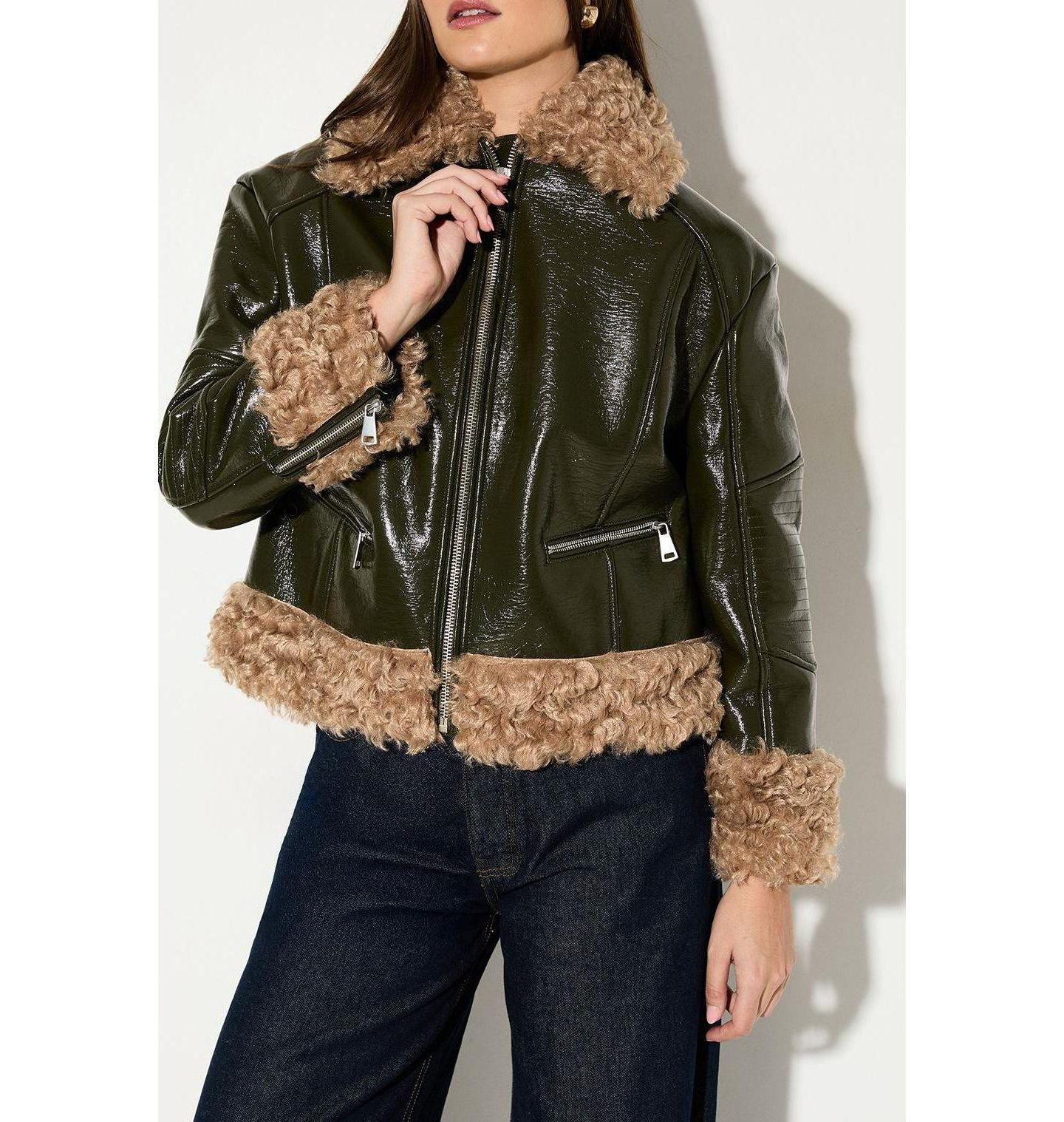 Женская куртка MissPap Premium Faux Fur Collar Aviator, цвет: Оливковый — фото 5