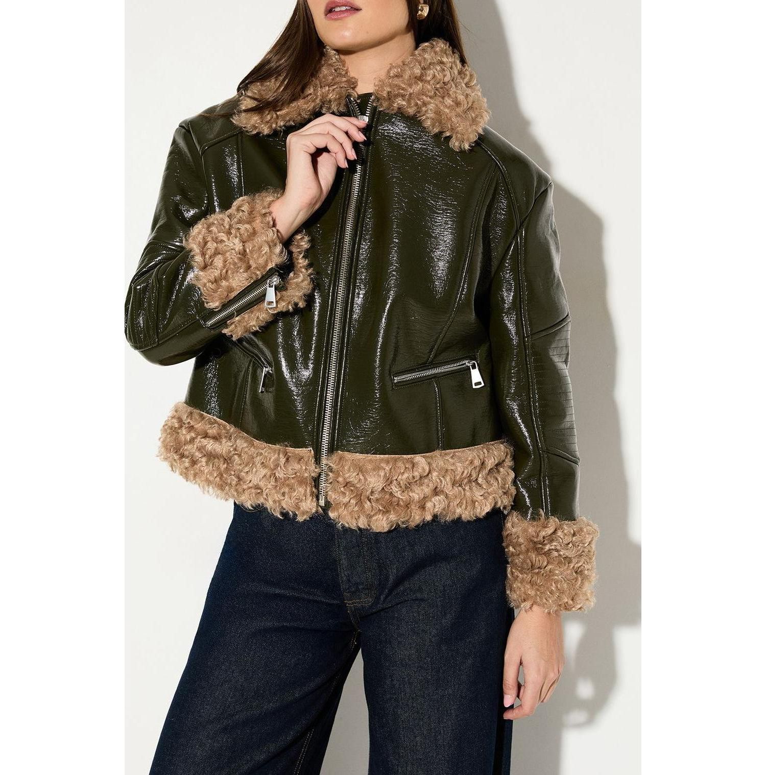 Women's Premium Faux Fur Collar Aviator Jacket
