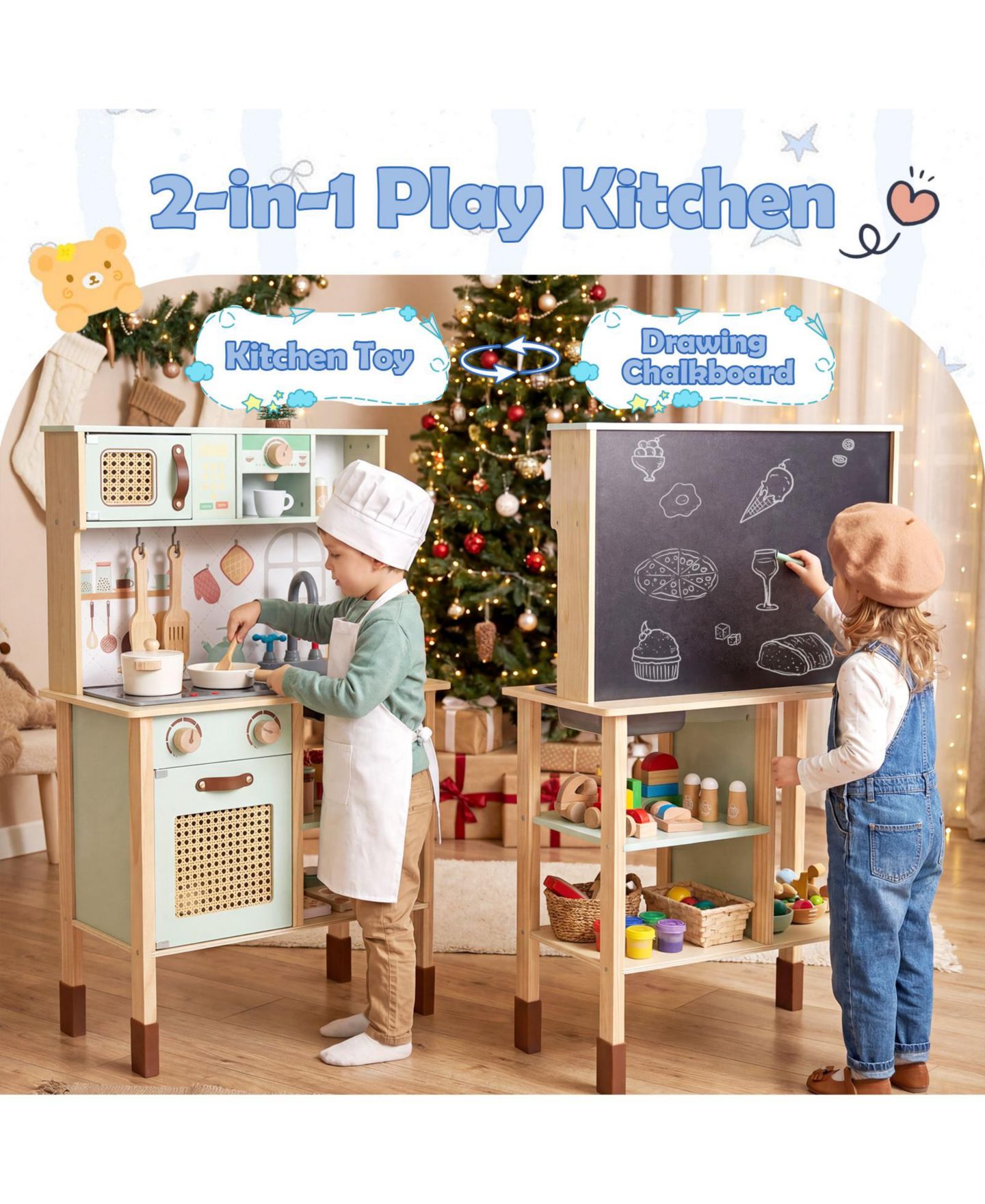 Детская игрушка Mecale Retro-Style Wooden Play Kitchen with Lights and Sounds, Ages 3+, цвет: Зелёный — фото 4