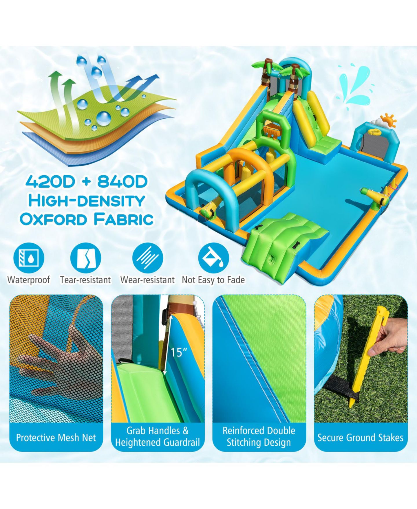 Детская игрушка Mecale Tropical Inflatable Dual Water Slide Aqua Park with 680W Blower Included, цвет: Синий — фото 8