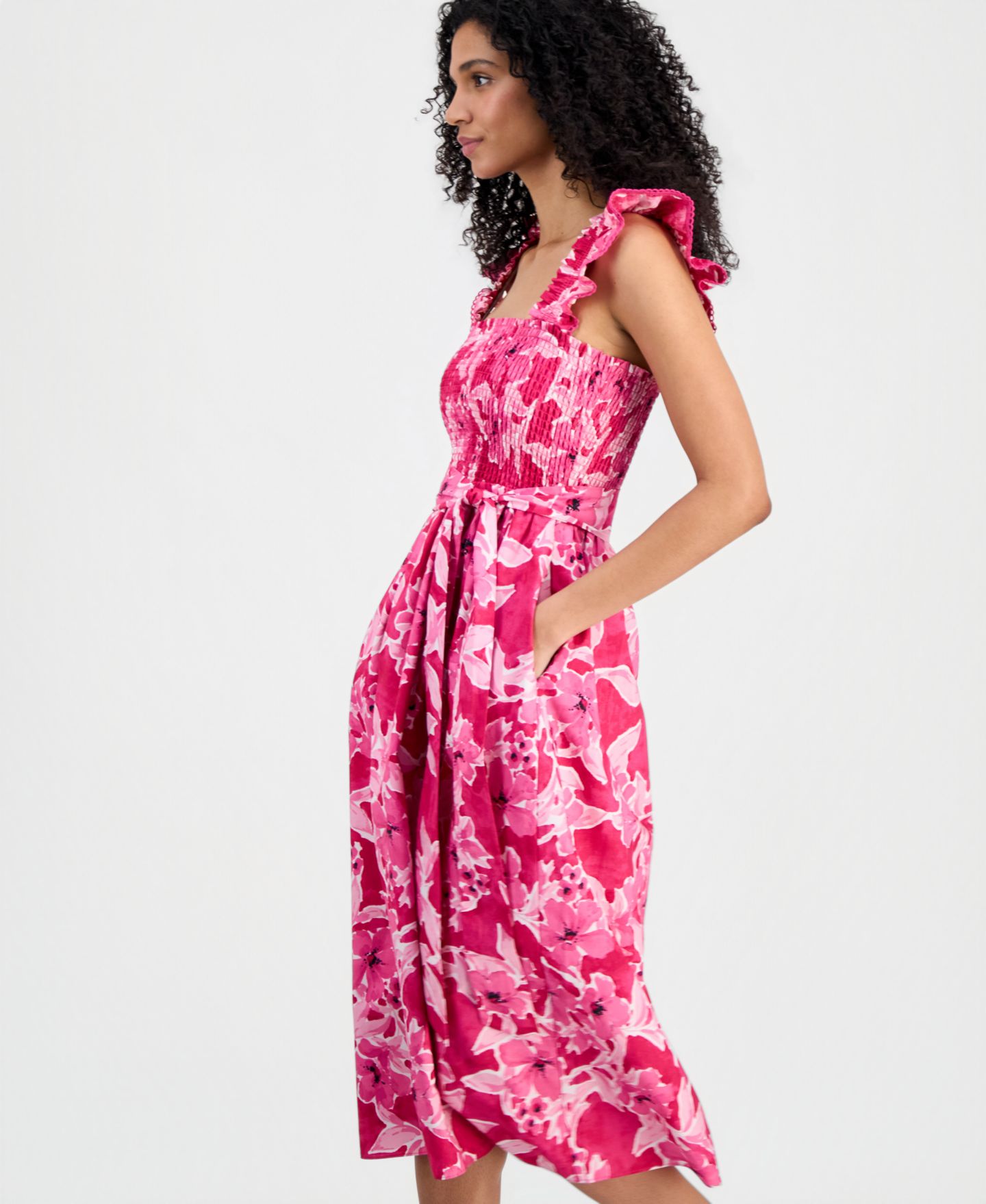 Женское платье Anne Klein Smocked Ruffle-Sleeve Midi, цвет: Розовый разноцветный — фото 3