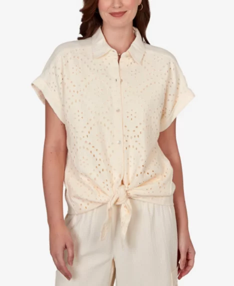 Petite Eyelet Front Gauze Tie-Front Shirt - Natural