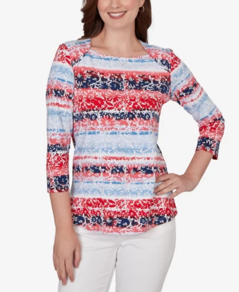 Petite Painted Floral Stripe Knit Top - Bright Navy Multi