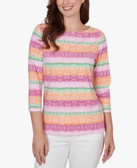 Petite Stripe Medallion Boat Neck Knit Top - Fuchsia Multi