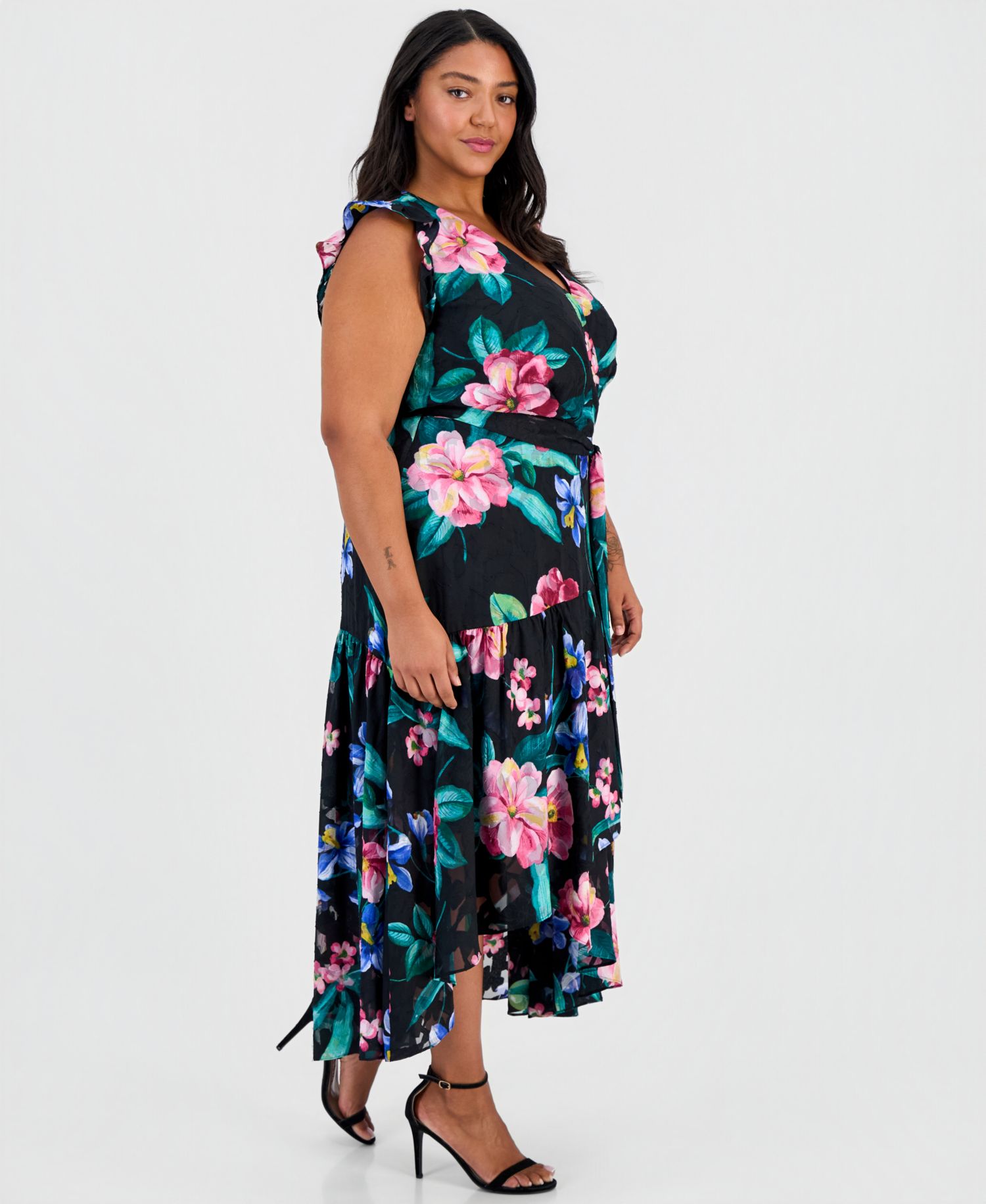 Women's Ruffle-Sleeve V-Neck High-Low Wrap Dress