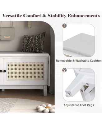 Rattan Shoe Storage Bench, Wooden Shoe Organizer with Cushion, 2 Doors, 2-Tier Shoe Rack and Adjustable Shelves for Entryway, Hallway