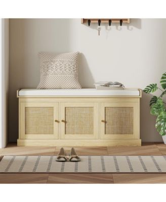 Shoe Storage Bench - Entryway Organizer with Woven Rattan Doors, Adjustable Shelves and Removable Cushion Cover for Hallway