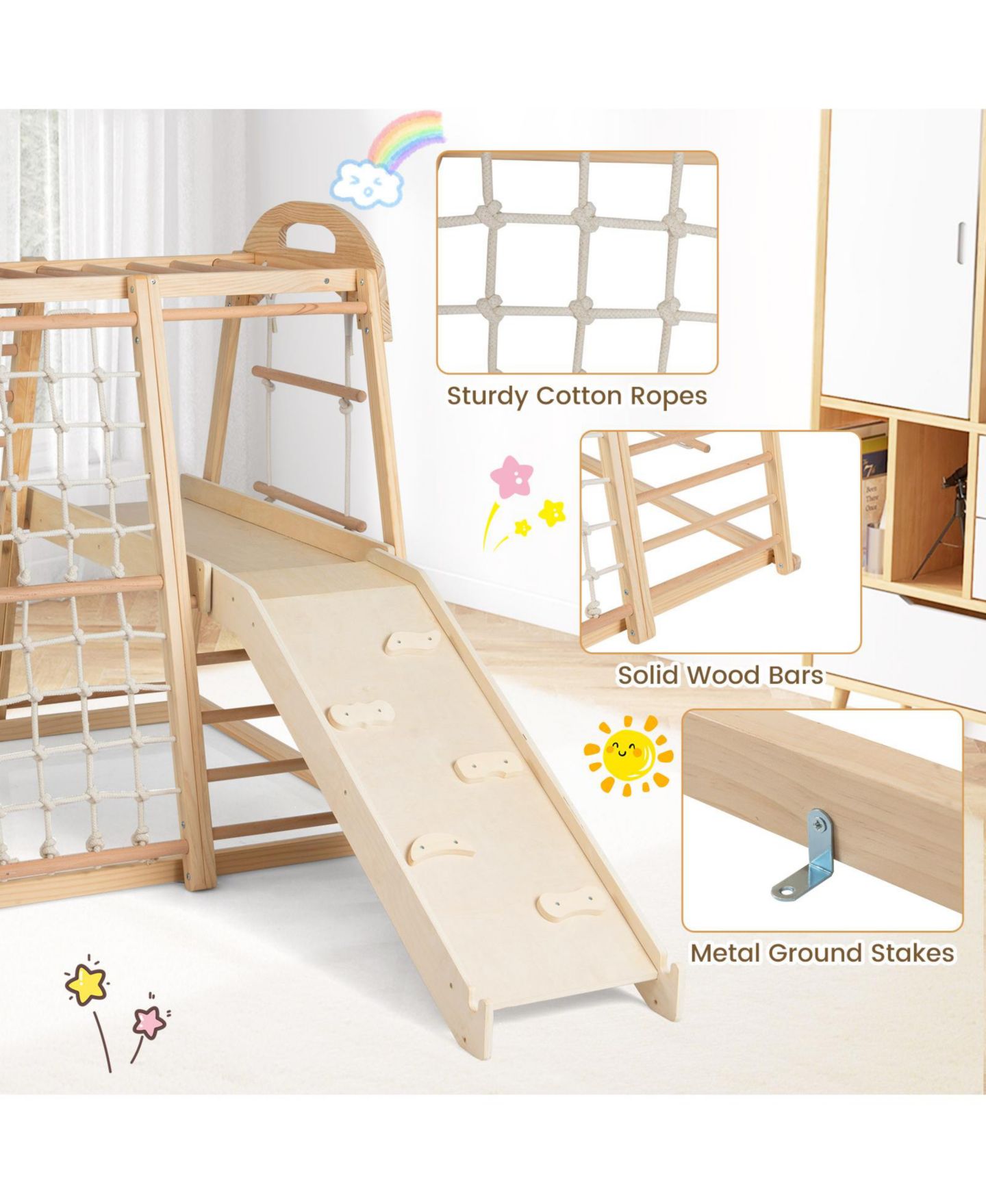 Детская игрушка Mecale 8-in-1 Montessori Wooden Jungle Gym Climber with Slide, Monkey Bars & Climbing Net, Ages 3-5, цвет: Коричневый — фото 7