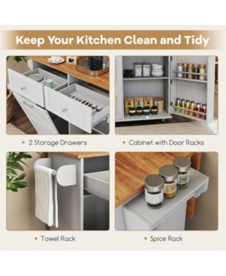 Wood Rolling Kitchen Island Cart with Trash Can Cabinet, Storage Shelves & Rubber Wheels