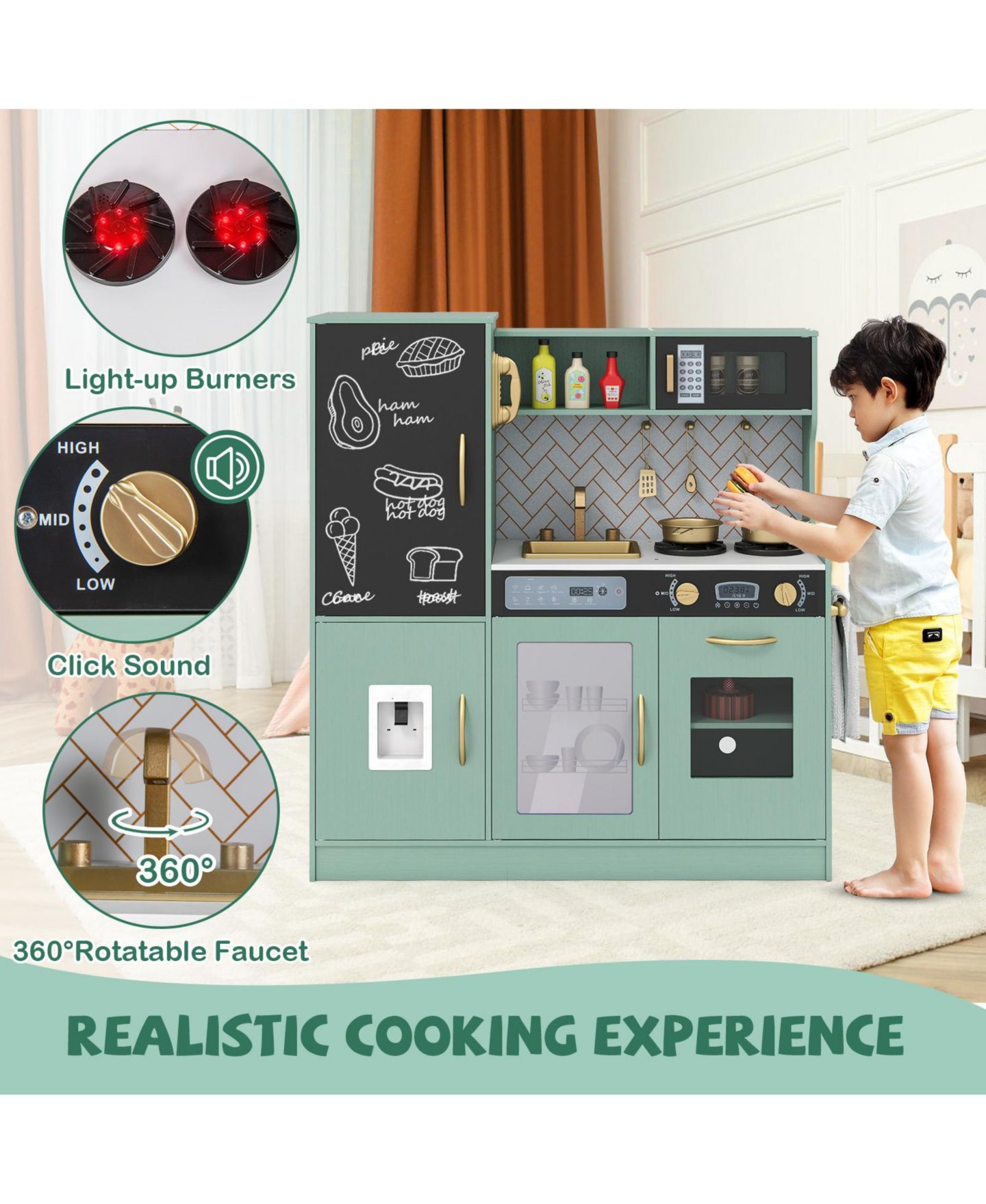 Детская игрушка Mecale Interactive Pretend Play Kitchen with Lights and Sounds, Ages 3+, цвет: Зелёный — фото 5