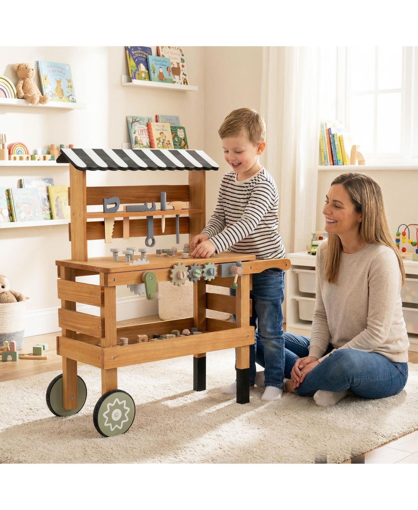 Детская игрушка Mecale 2-in-1 Rolling Wooden Tool Bench, Ages 3+, цвет: Коричневый — фото 2