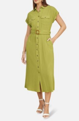 Women's Viscose Linen Look Midi Shirt Dress