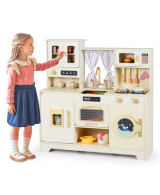 Wooden Toy Kitchen Playset with 14 Accessories for Kids Ages 3