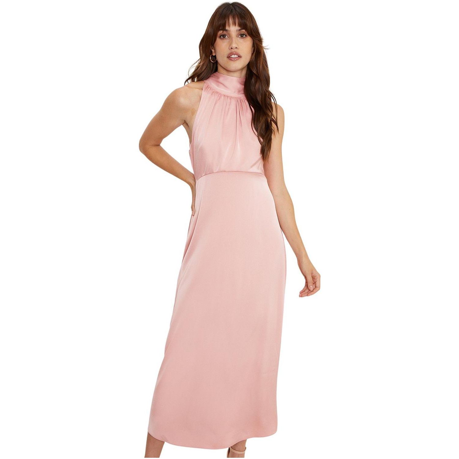 Women's Satin Halter Neck Midi Bridesmaid Dress