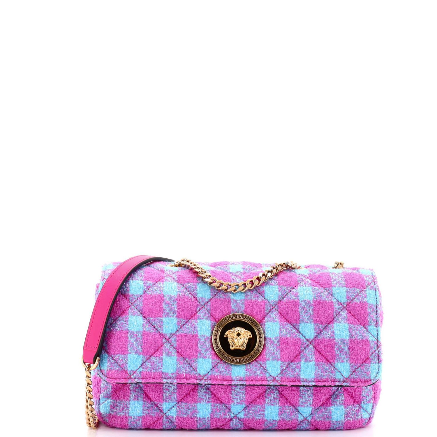 East West Medusa Icon Chain Flap Bag Quilted Tweed