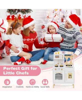 Play Kitchen for Kids, Wooden Chef Pretend Playset with 3 Adjustable Heights & Microwave