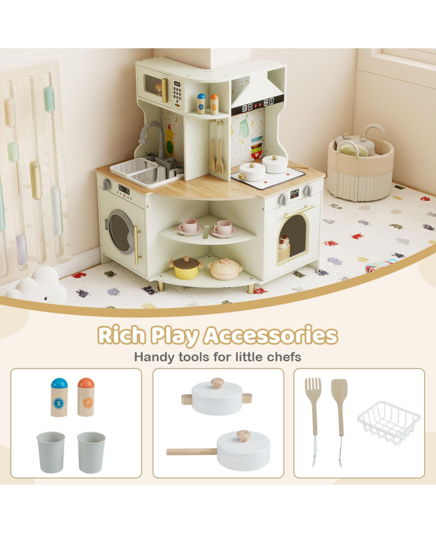 Детский игровой набор Mecale Wooden Corner Kitchen Playset with Working Faucet & Sink, Ages 3+, цвет: Белый — фото 8