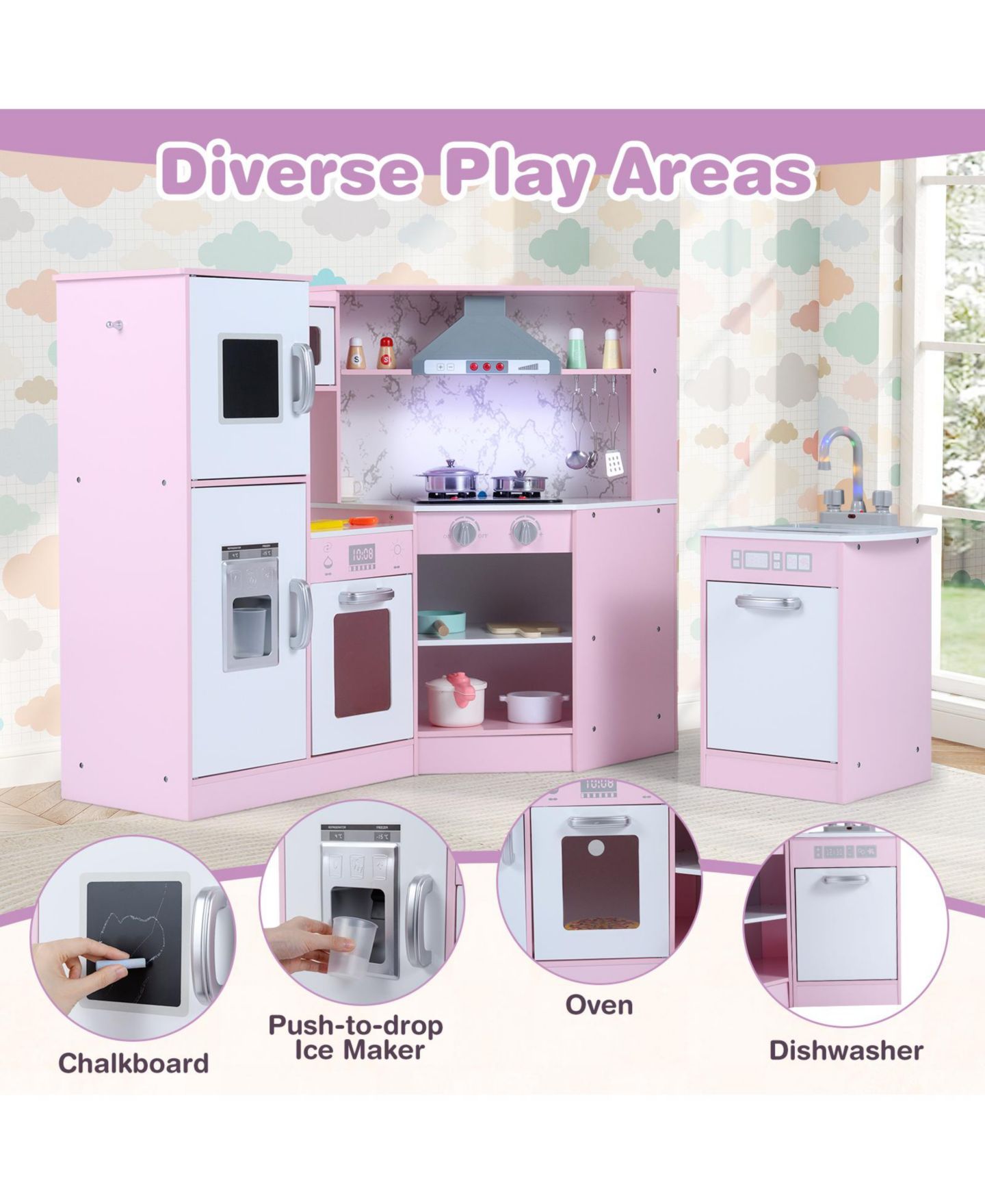 Детский игровой набор Mecale Separate Washing Basin Kids Corner Kitchen Playset, Ages 3+, цвет: Розовый — фото 6