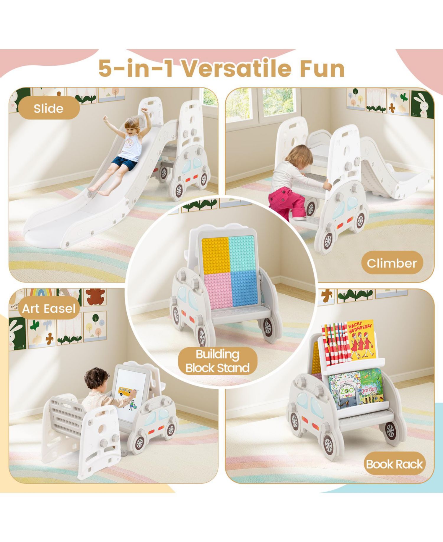 Toddler 5-in-1 Indoor Playground Slide Set with Easel, Stool and Book Rack
