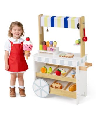 Wooden Ice Cream Cart for Kids, 2-in-1 Grocery Store Playset with Display Shelves