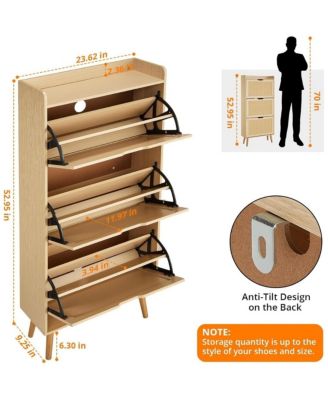 Shoe Cabinet Hidden Shoe Storage with 3 Flip Rattan Flip-Drawer and Anti-Tip Design, Shoe Cabinet, 18-20 Pairs Storage Organizer, MDF Frame