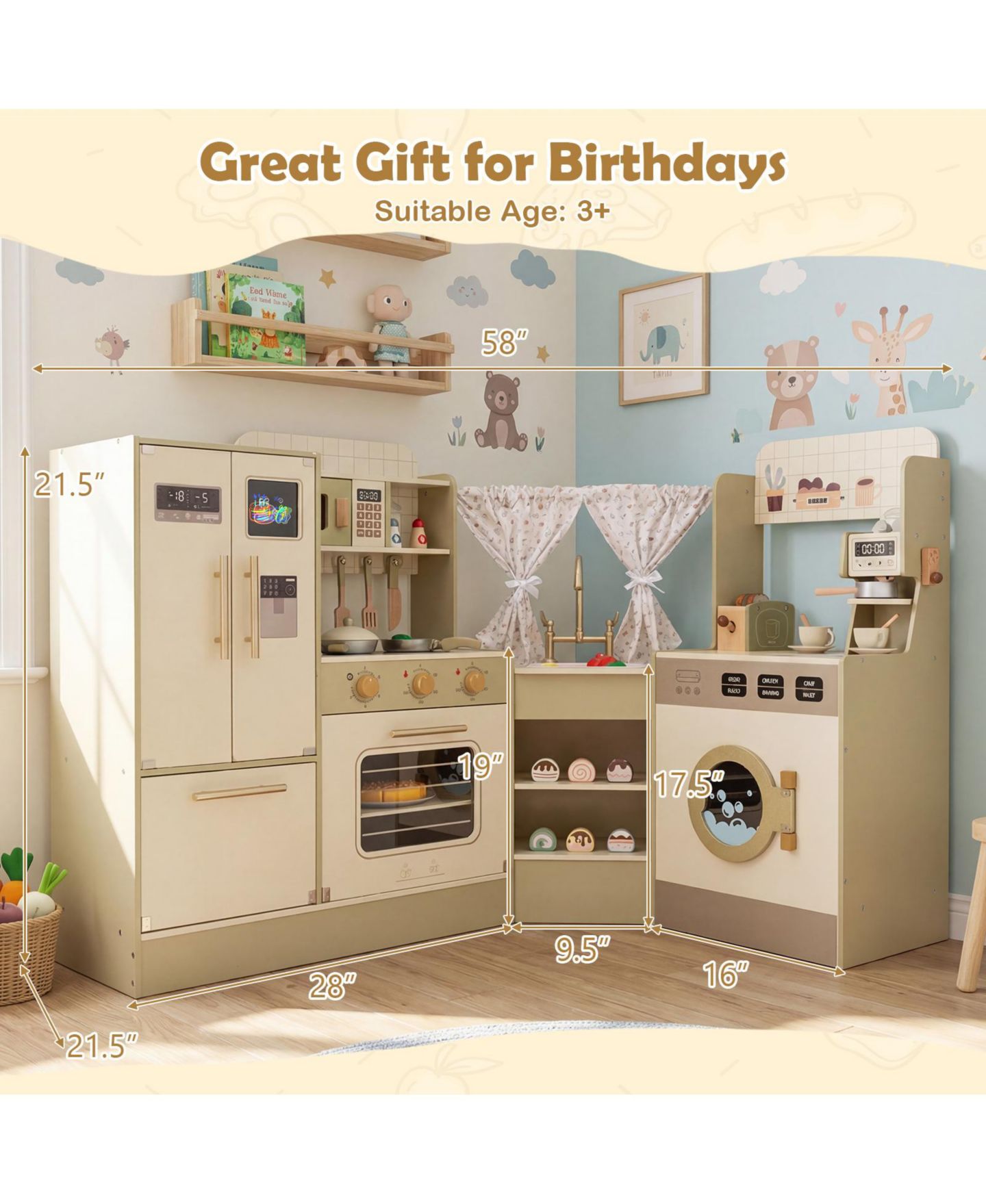 Детские игрушки Mecale Corner Play Kitchen with Interactive Knobs, 21-Piece Set, Ages 3+, цвет: Коричневый — фото 2