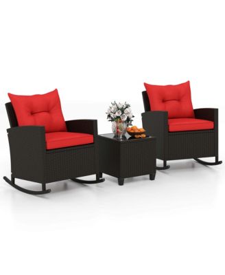 3 PCS Patio Wicker Rocking Set with Tempered Glass Table and Soft Cushions Outdoor