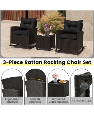 3 PCS Patio Wicker Rocking Set with Tempered Glass Table and Soft Cushions Outdoor