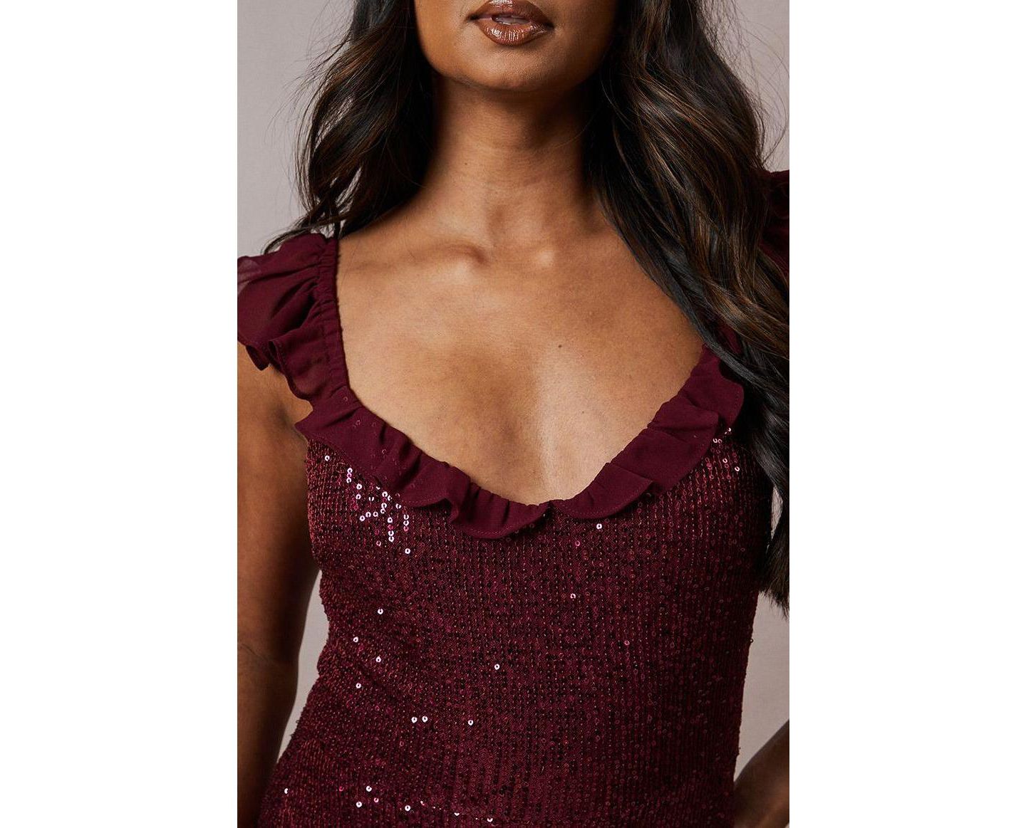Женское платье Oasis Occasion Sequin Ruffle Midaxi, цвет: Ягодный — фото 7