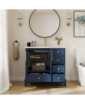 36" Bathroom Vanity with Ceramic Sink, Solid Wood MDF Cabinet, 4 Drawers Ample Storage for Modern Vintage Bathrooms