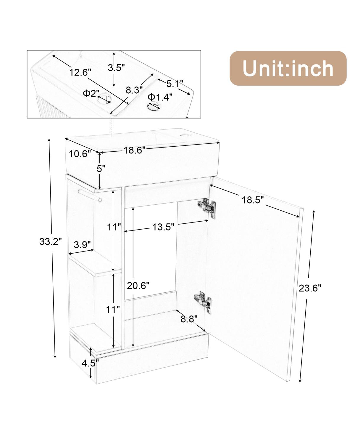 Sillysis 18.6" Bathroom Vanity with Sink, Mdf Storage Cabinet, Two-Tier Shelf & Left or Right Orientation for Small Bathrooms