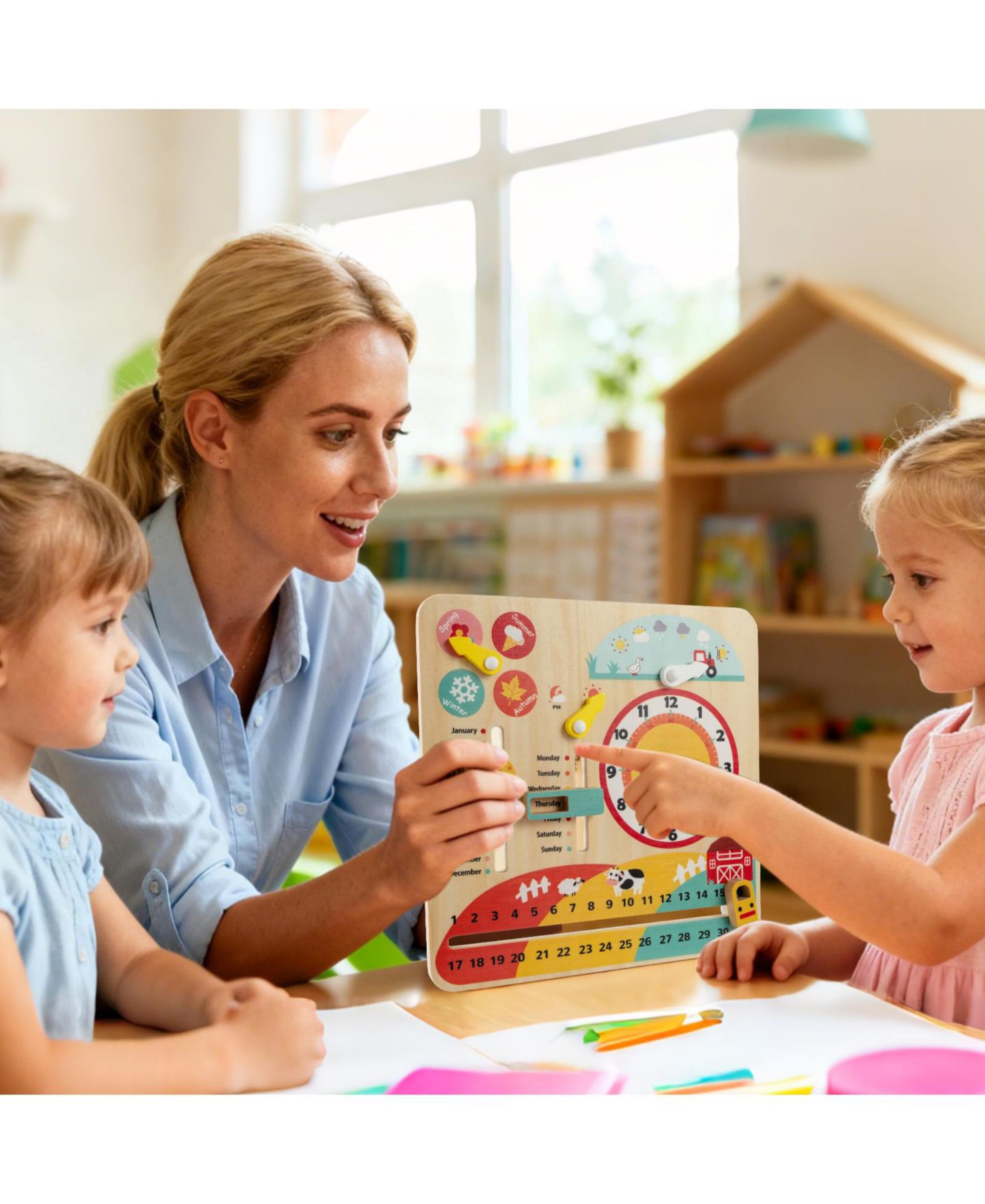Детская игрушка Mecale Montessori Wooden Seasons Learning Clock, Ages 3+, цвет: Коричневый — фото 9