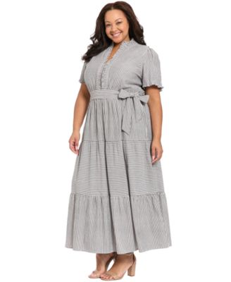 Plus Size Stripe Tiered Ruffle Neck Dress