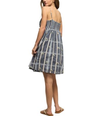 Women's Embroidered Plaid Sweetheart Neck Dress