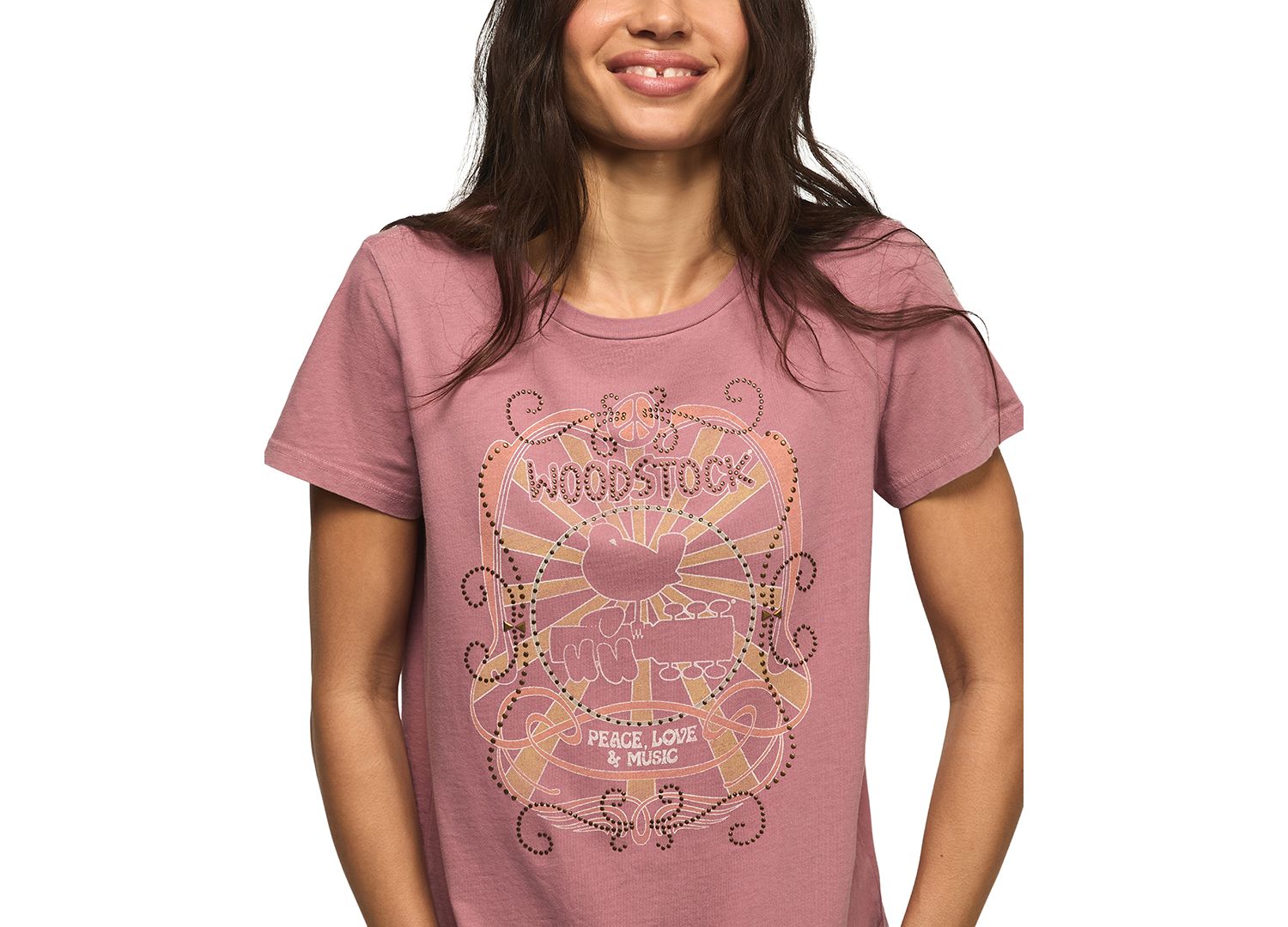 Women's Classic Fit Woodstock Peace Love Music Crew Neck T-Shirt