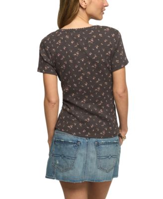 Women's Crochet Trim Short-Sleeve Henley Top