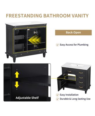 36" Bathroom Vanity with Ceramic Sink, Flip Drawers and Adjustable Shelf