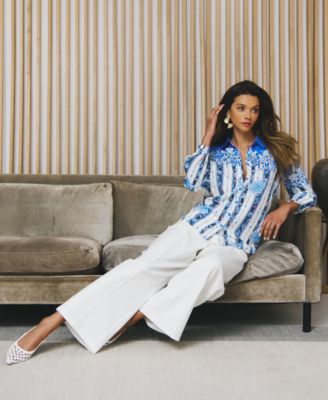 Women's Placed-Floral Button-Down Blouse