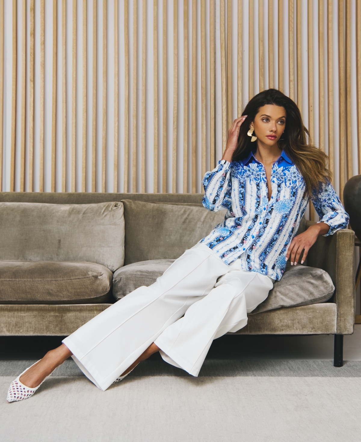 T Tahari Women's Placed-Floral Button-Down Blouse